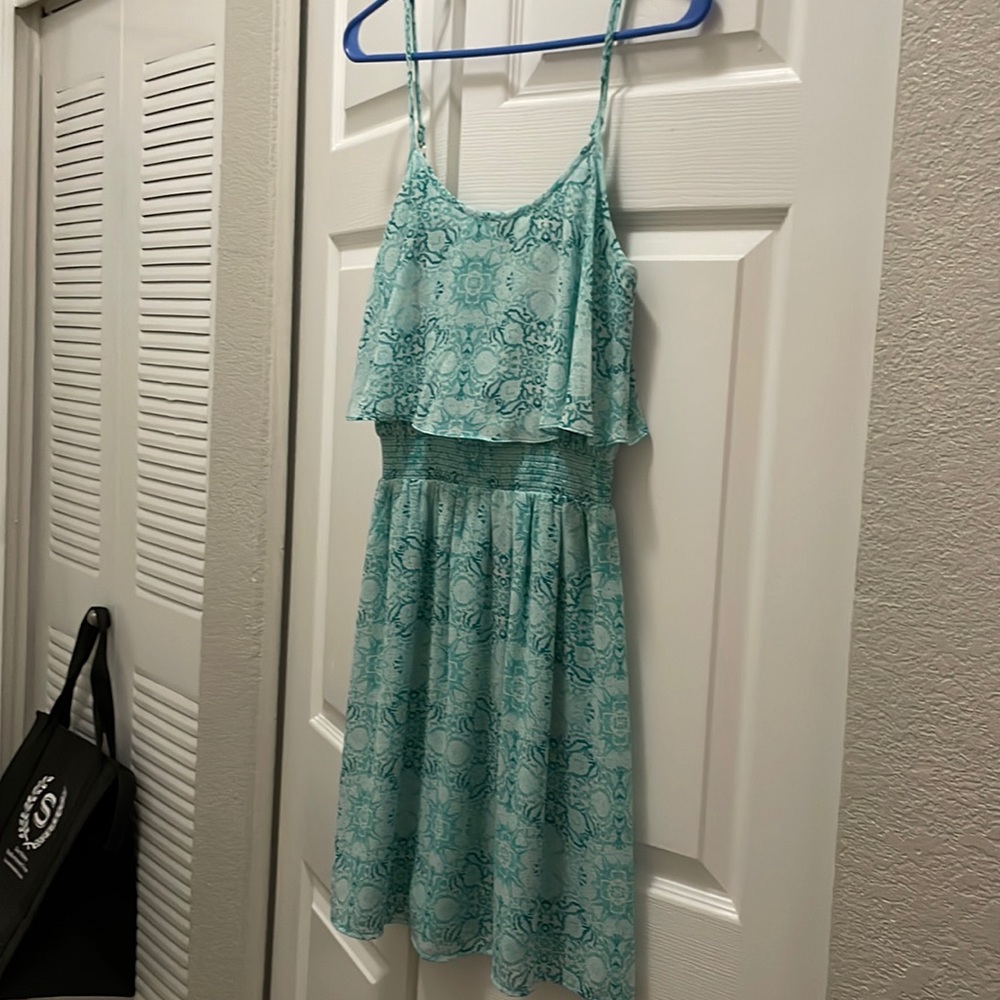 Small, teal, chiffon thin strap dress
